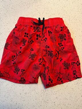 Vilebrequin Red Swim Trunks with Black Tropical Print